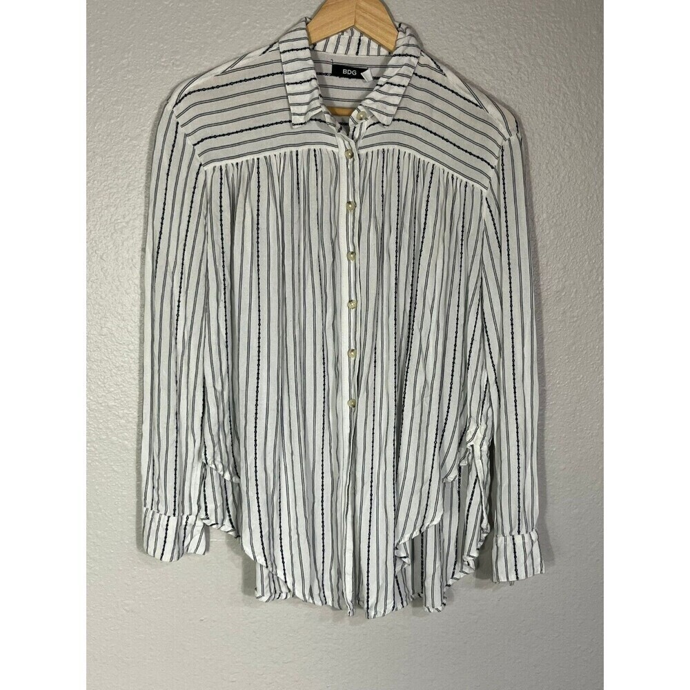 BDG Striped Button Down Shirt Women Size S/P White‎ Black Long Sleeve 325